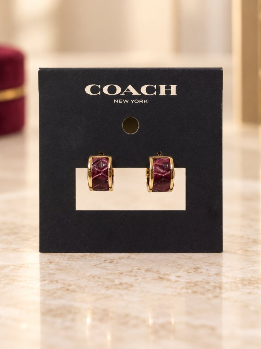Coach Burgundy Snake-Embossed Leather Gold-Tone Hoop Earrings NWT - Picture 2 of 3